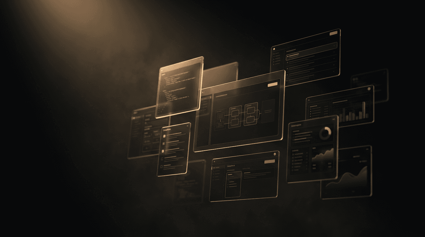 Dark cinematic interface surfaces drifting above a tinted stage, lit by directional amber light.
